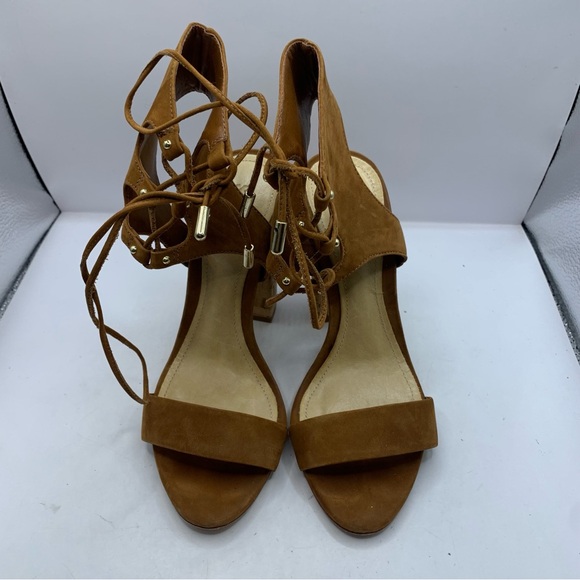 Schutz Womens Cruz Lace-Up Cuff Sandal $220 New Saddle Brown Size 6B Cork Heel - Picture 2 of 9